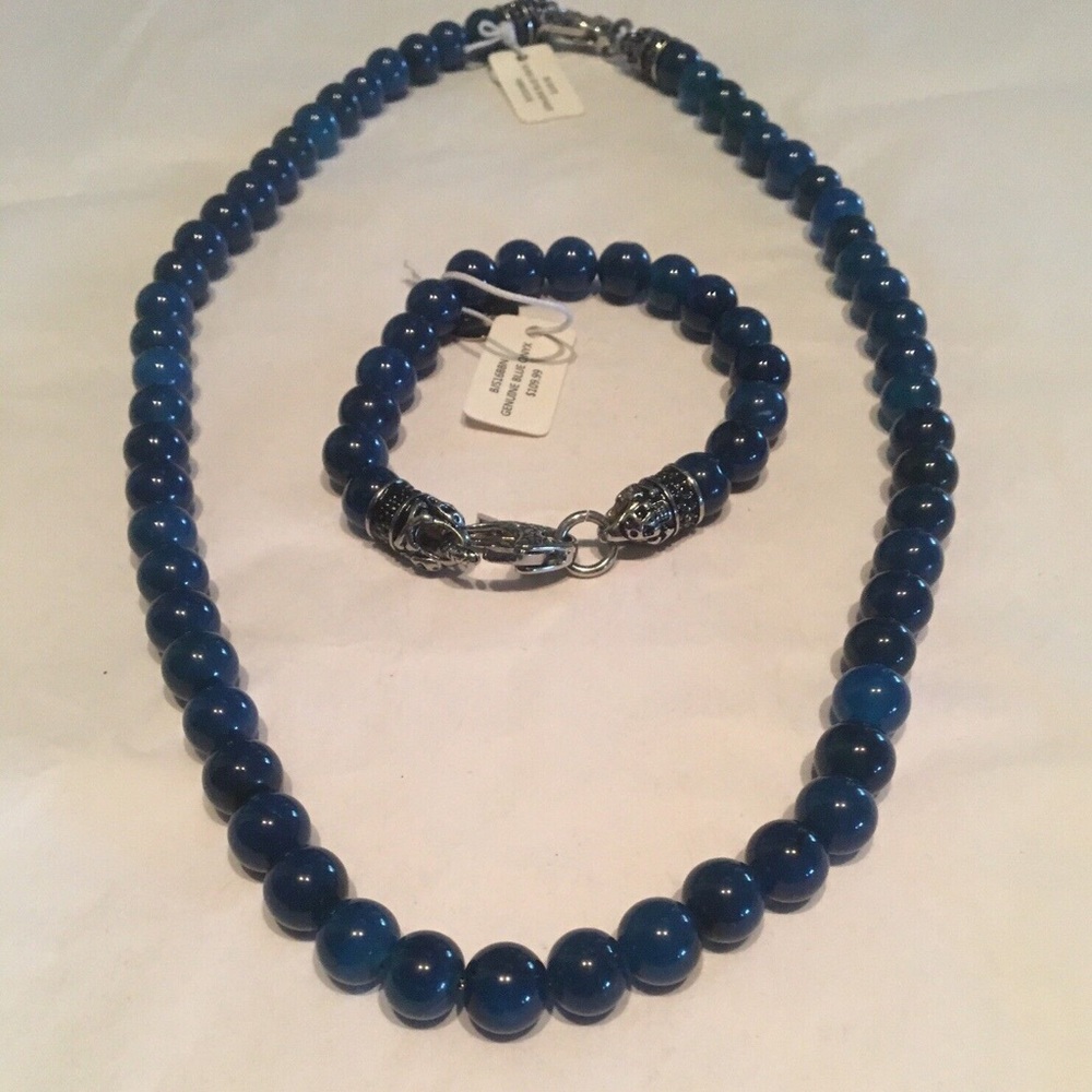 Blackjack Genuine Blue Onxy Necklace and Bracelet 2 Piece Set